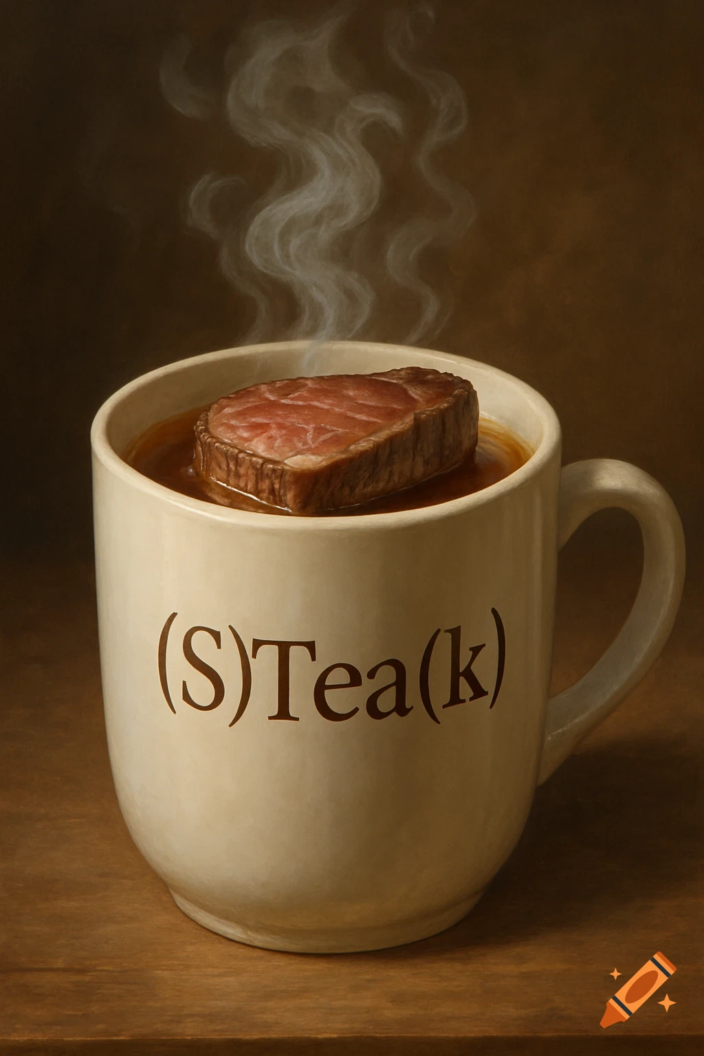 A close-up of a steaming mug with a large, cooked steak floating in a brown liquid. The mug has '(S)Tea(k)' written on it.