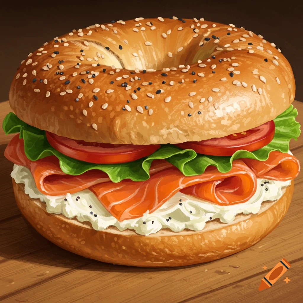 Illustrative bagel sandwich with lox, cream cheese, lettuce, and tomato on a wooden table.