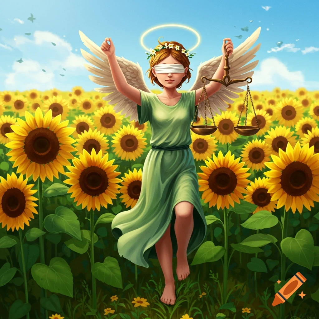 A blindfolded winged figure with a halo and scale stands in a sunflower field under a blue sky in a cartoon style.
