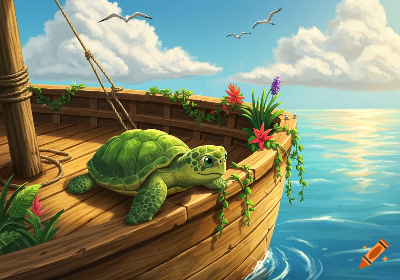 A cute green cartoon turtle sits on a rustic wooden boat decorated with vines and flowers, sailing on a blue ocean under a sunny sky.