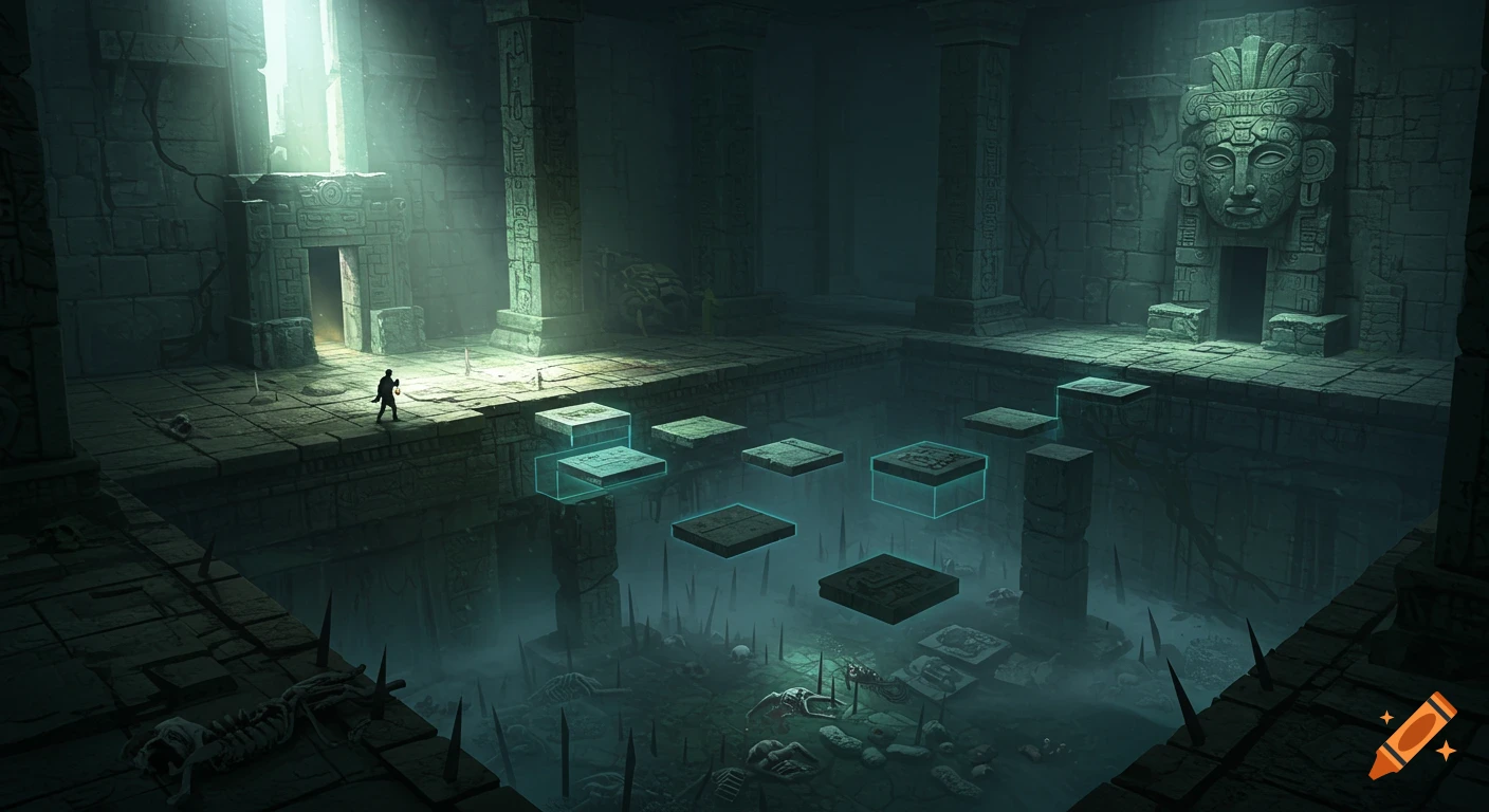 A silhouette of an adventurer with a lantern walks on a stone platform in a dark, ancient temple, illuminated by a bright light. Floating glowing stone tiles form a path over a misty pit filled with spikes and skeletons.