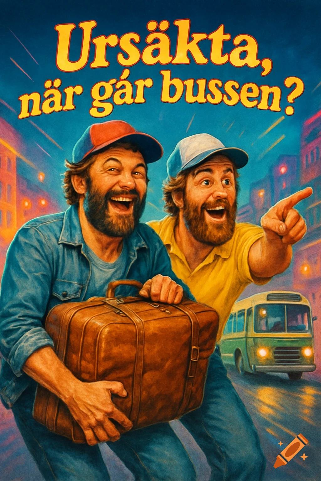 Illustrated movie poster of two laughing, bearded men in baseball caps, one with a suitcase, on a city street with a bus. Text: "Ursäkta, när går bussen?".