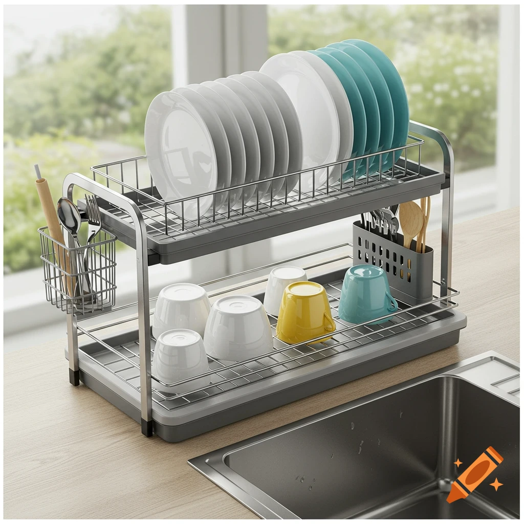 A two-tier metal dish drying rack filled with clean plates, cups, and cutlery, positioned on a wooden countertop next to a stainless steel sink, with a blurred window view in the background.