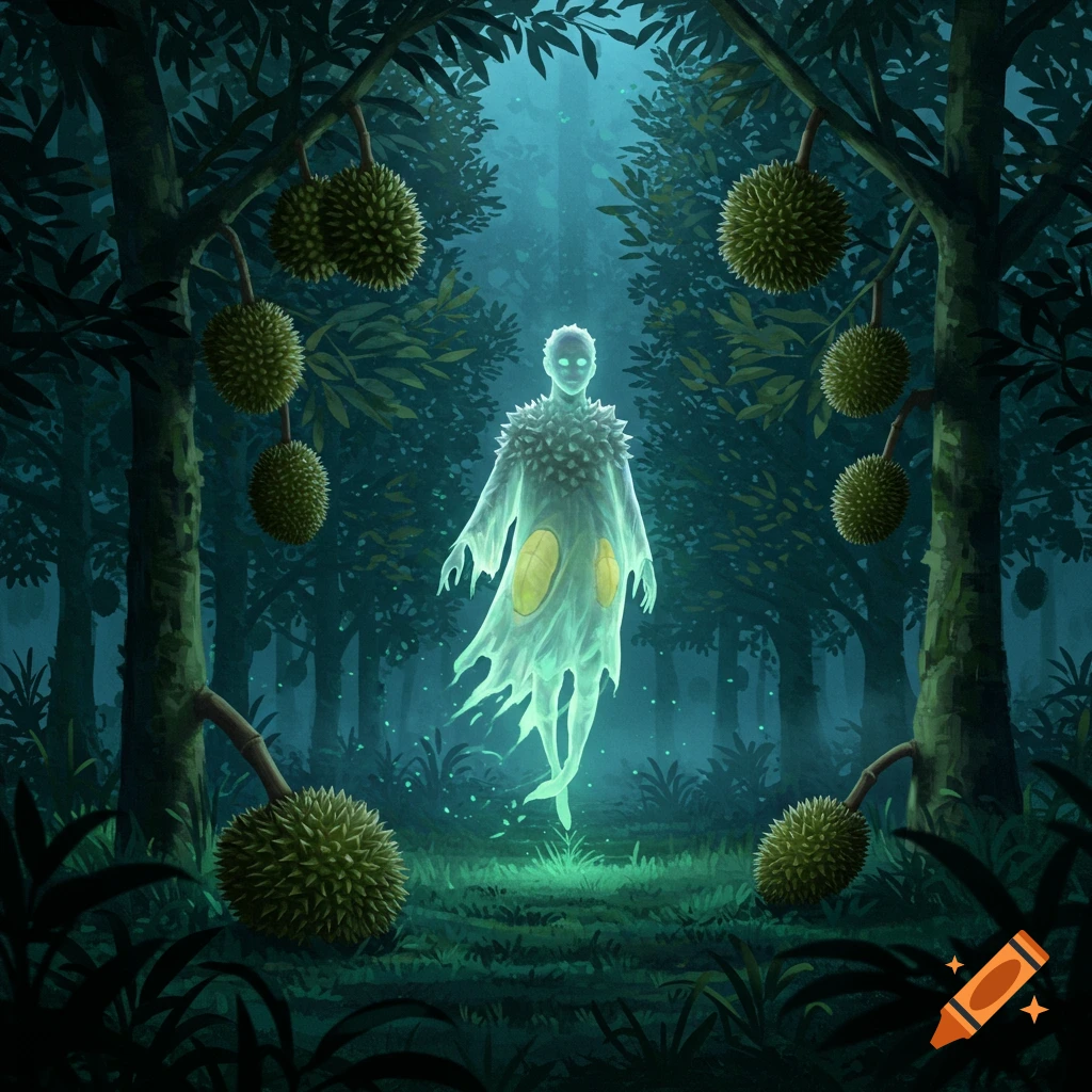 A glowing, translucent ghost-like figure floats in a dark, misty forest surrounded by spiky durian fruits.
