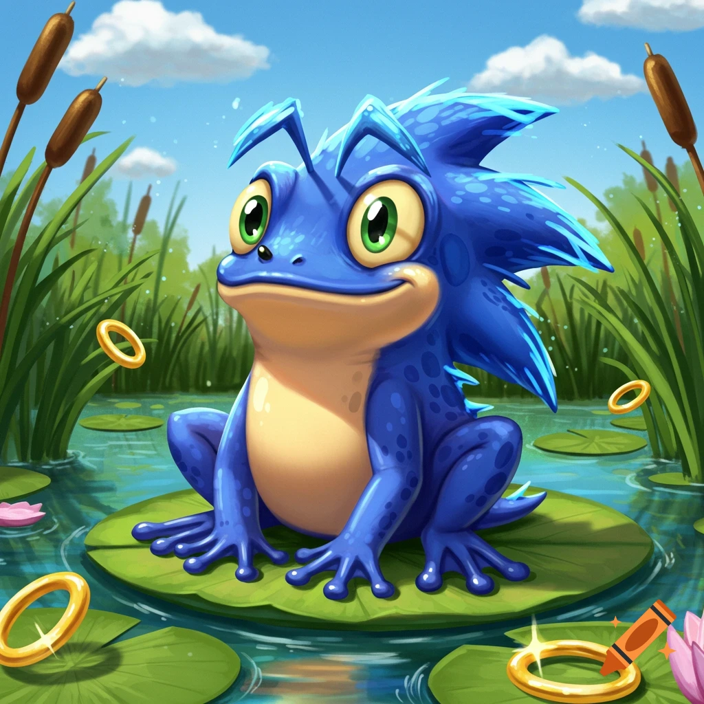 A blue, spiky frog with large green eyes, resembling Sonic, sits on a lily pad in a pond with golden rings floating around it, under a blue sky.