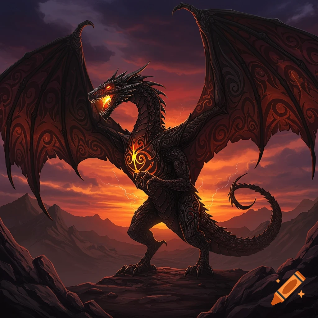 A large, dark, tribal-style dragon with glowing eyes and chest symbol stands on rocky terrain against a fiery sunset sky.
