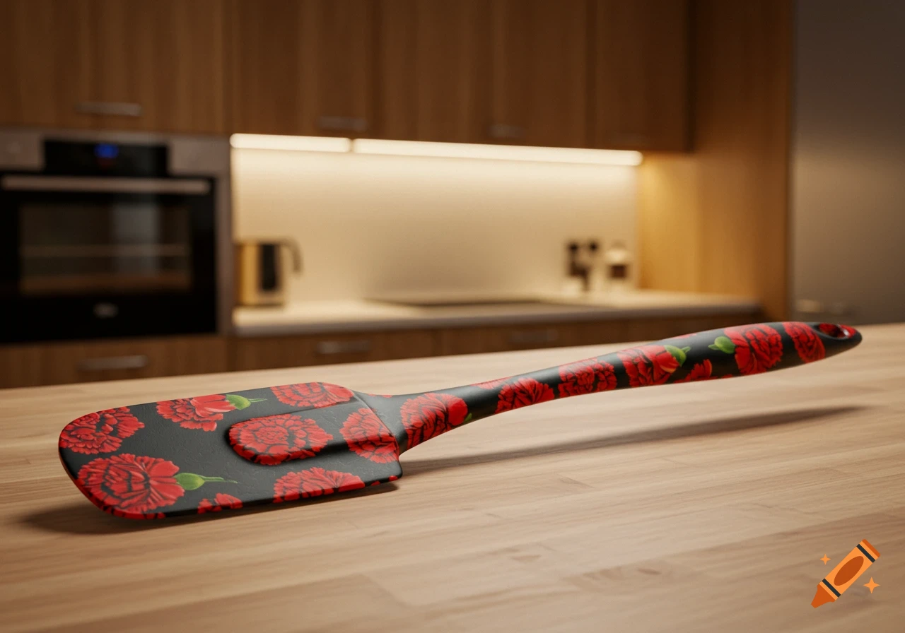 A photorealistic silicone kitchen spatula with a red carnation floral pattern on a black handle, lying on a wooden counter.