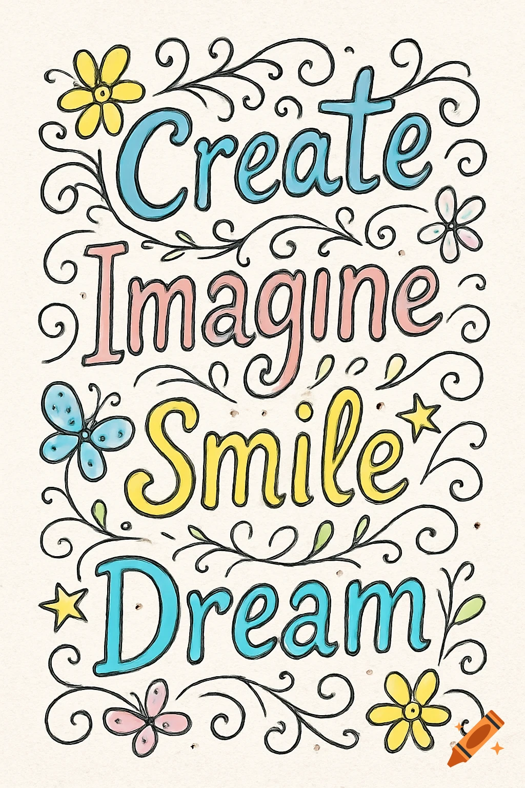 Colorful doodle art with words 'Create, Imagine, Smile, Dream' surrounded by flowers and swirls on a textured background.