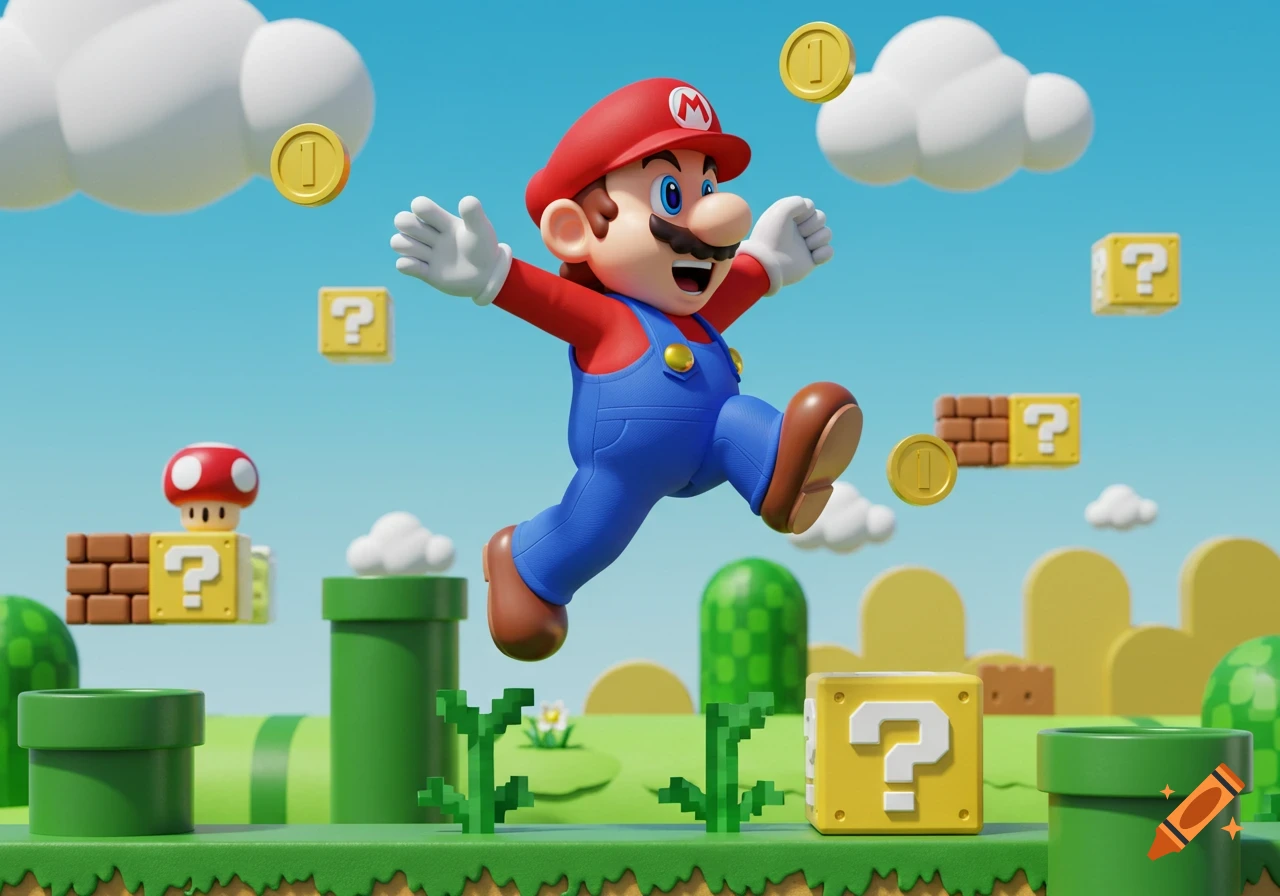 3D illustration of Mario jumping in a vibrant Super Mario Bros. landscape with coins, question blocks, and pipes.