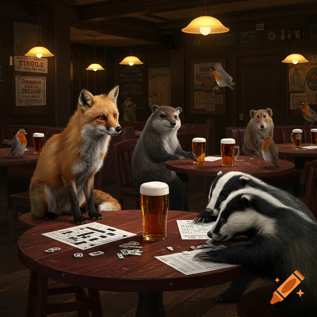 A photorealistic image of various European animals like a fox, otter, badgers, and a bear playing a pub quiz with beers on wooden tables in a cozy pub.