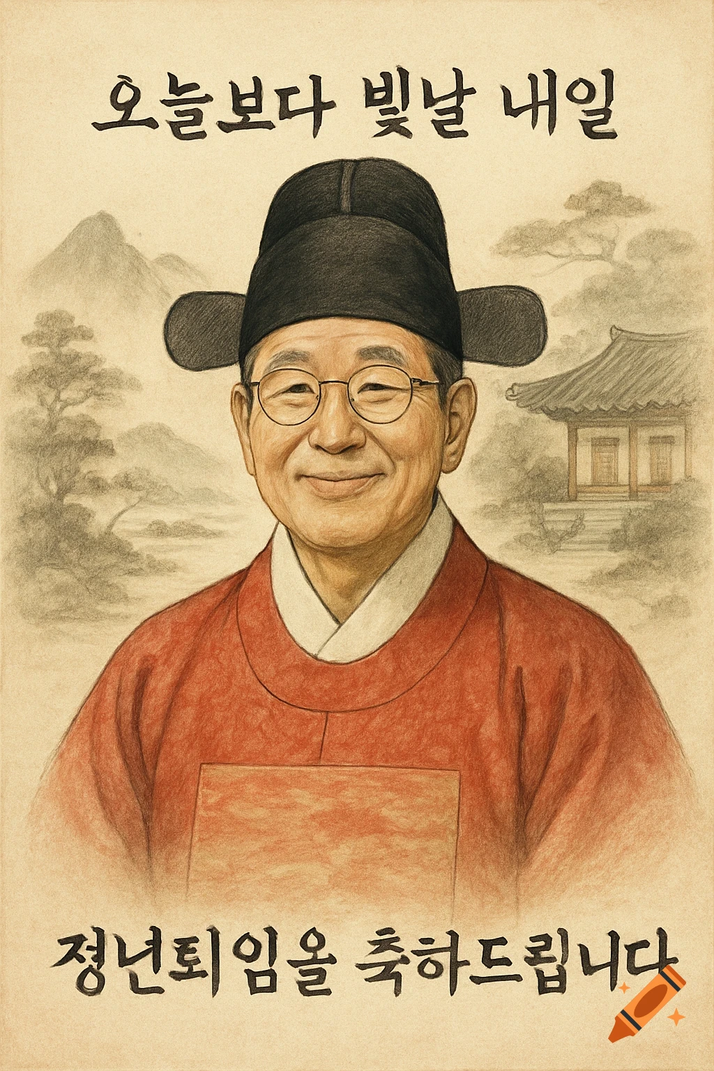A caricature illustration of a smiling elderly Korean man in traditional red scholar attire and black hat, with Korean text, in a traditional landscape background.