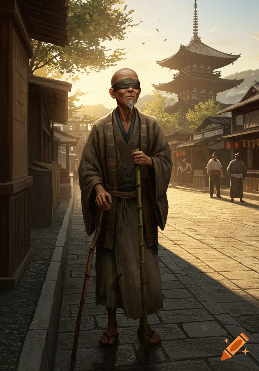 An old blindfolded man in a traditional Japanese robe stands on a stone path, holding two bamboo canes. A pagoda rises in the background.