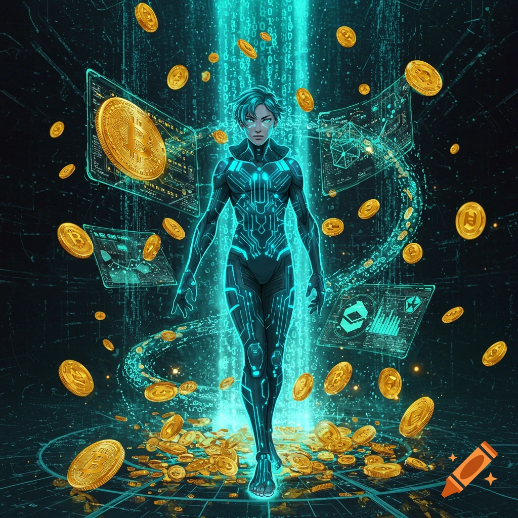 An anime-style figure in a glowing circuit suit stands amidst falling and scattered gold cryptocurrency coins and holographic screens displaying digital data.