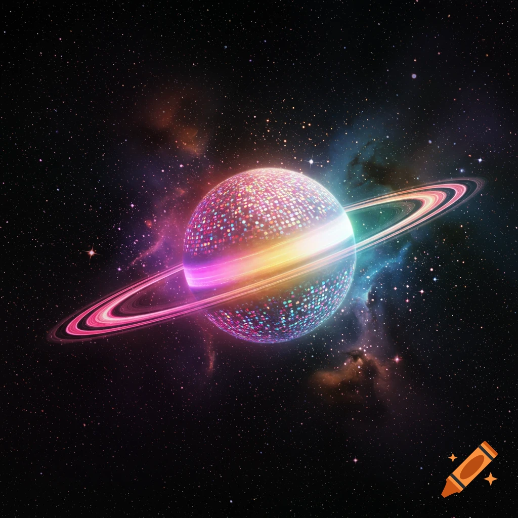 A vibrant disco ball planet with iridescent rings glows against a dark, starry cosmic background with colorful nebulae.