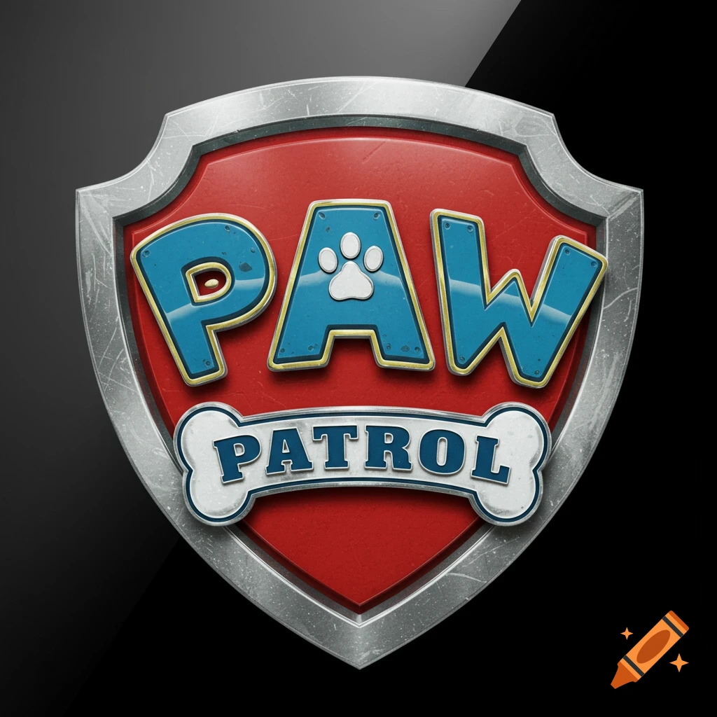 A 3D Paw Patrol logo badge featuring a red shield with silver trim, blue text 'PAW' and 'PATROL' on a bone.