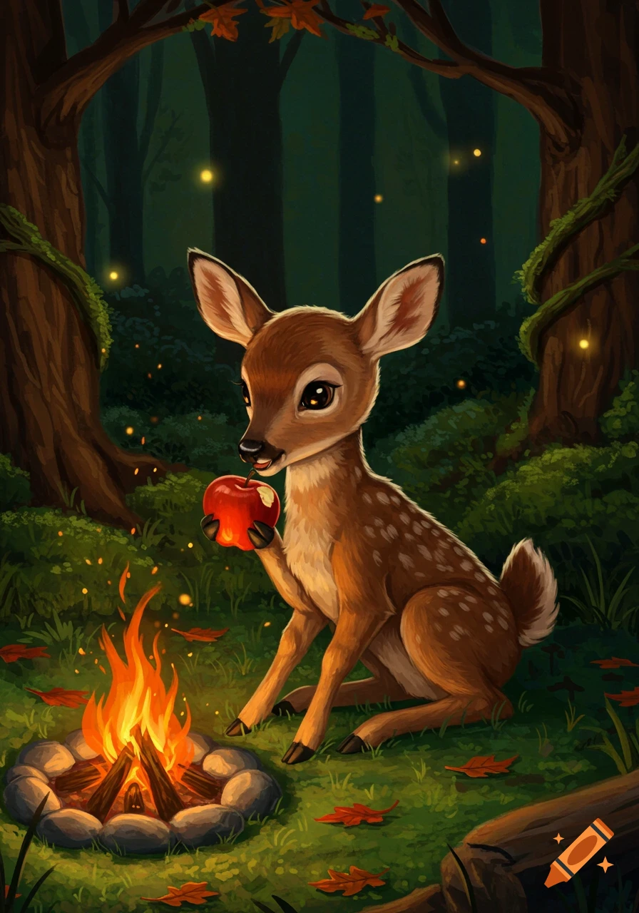 A cute cartoon fawn sits by a campfire in a dark forest, holding and eating a red apple with its hooves.