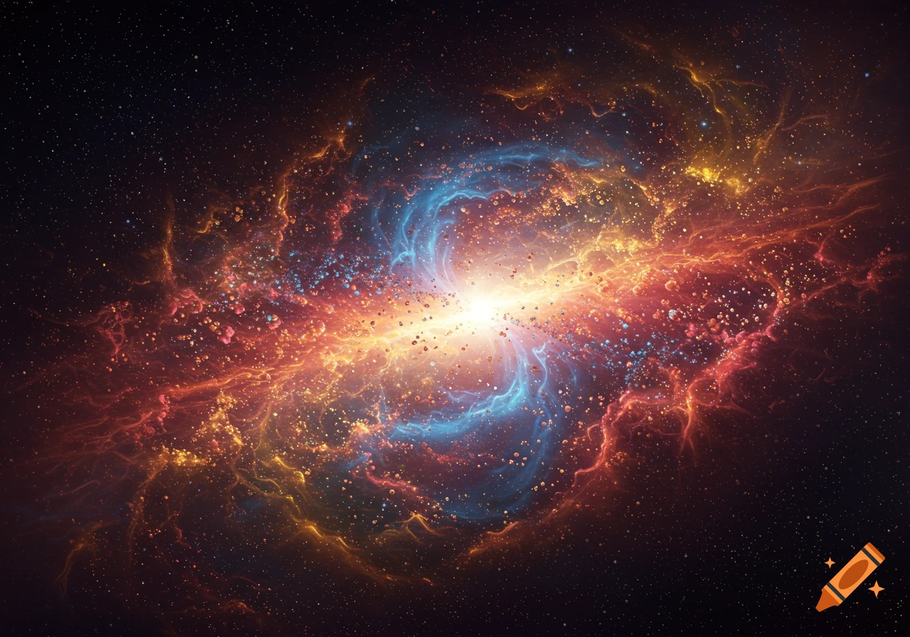 A vibrant cosmic nebula featuring a bright central light, swirling orange, red, and blue gases, and countless stars.