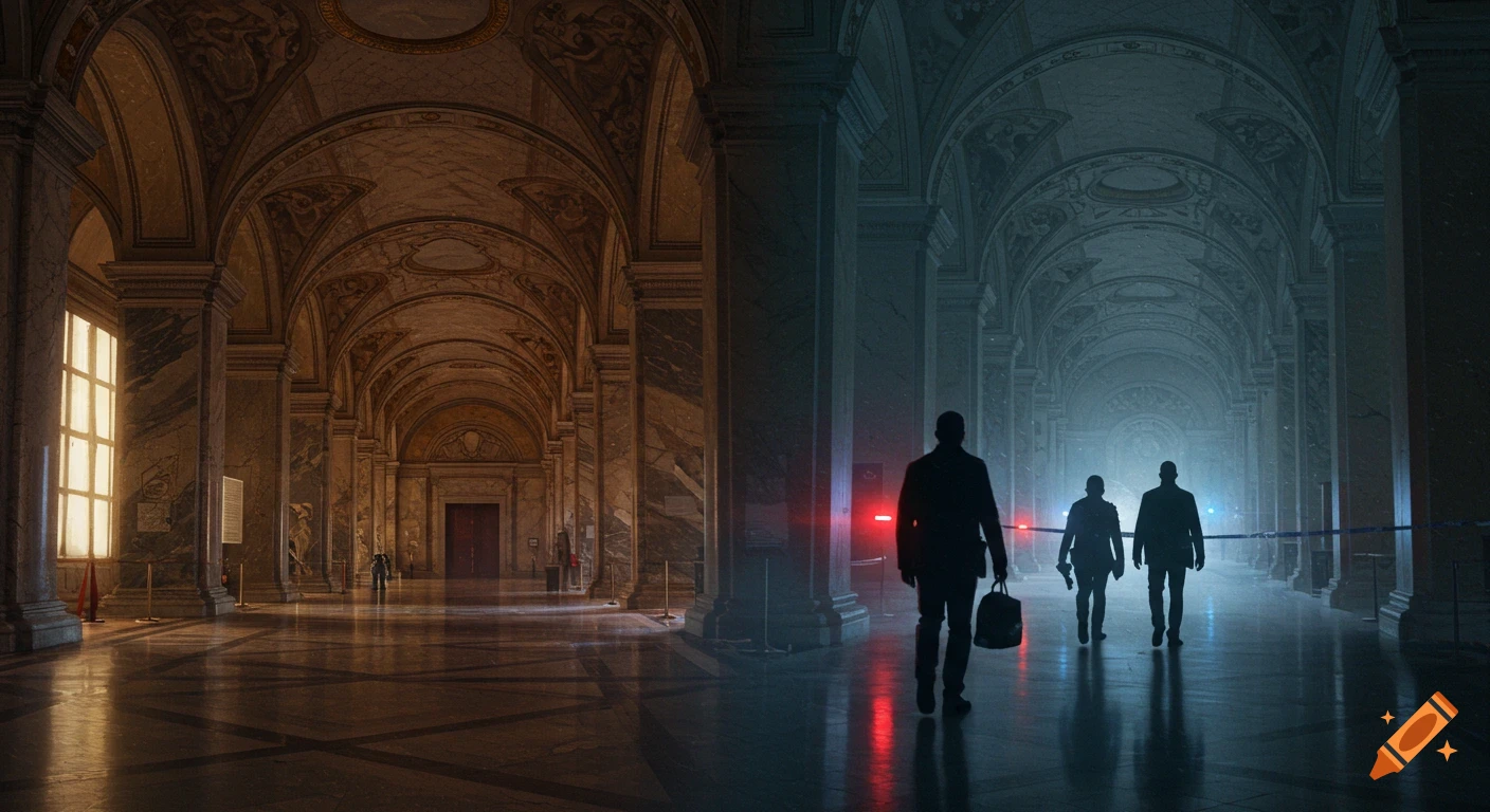 A cinematic split scene shows a grand, sunlit hall on the left and three shadowy figures in a misty, blue-lit hall with red and blue reflections on the right.