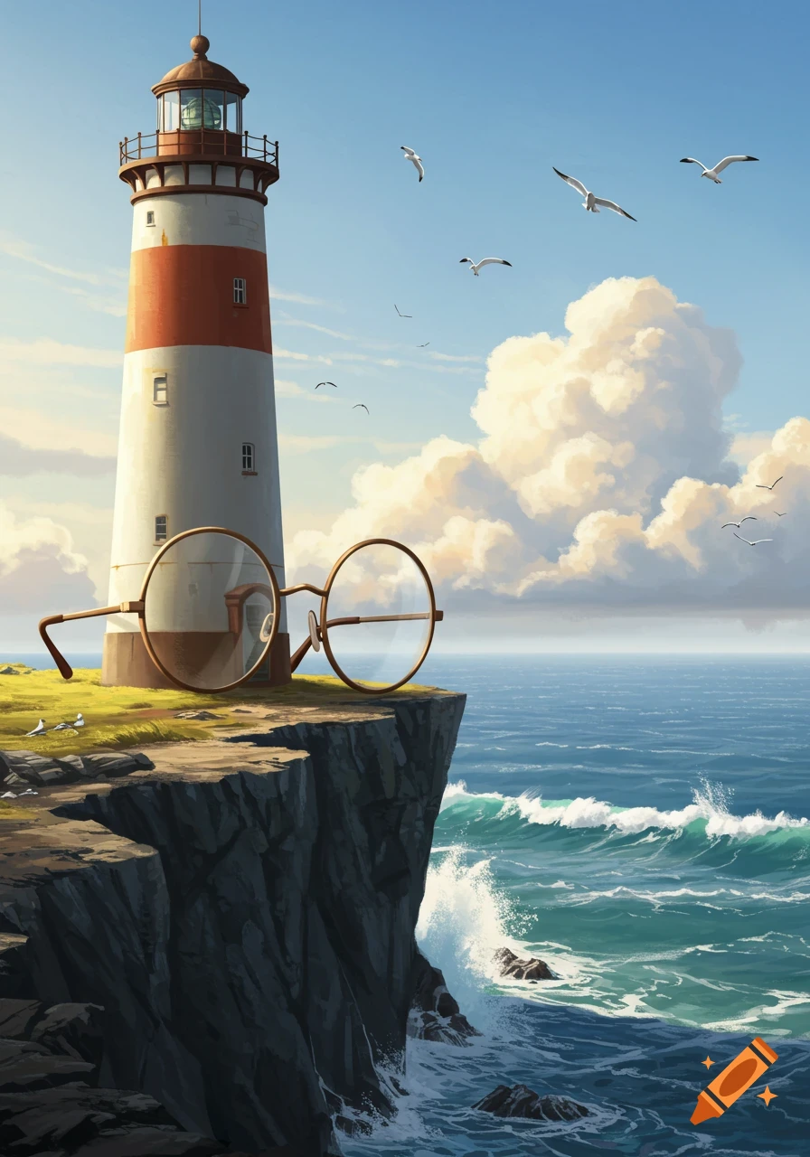 Giant round glasses on a cliff beside a red and white lighthouse, overlooking a blue ocean with waves under a sunny sky.