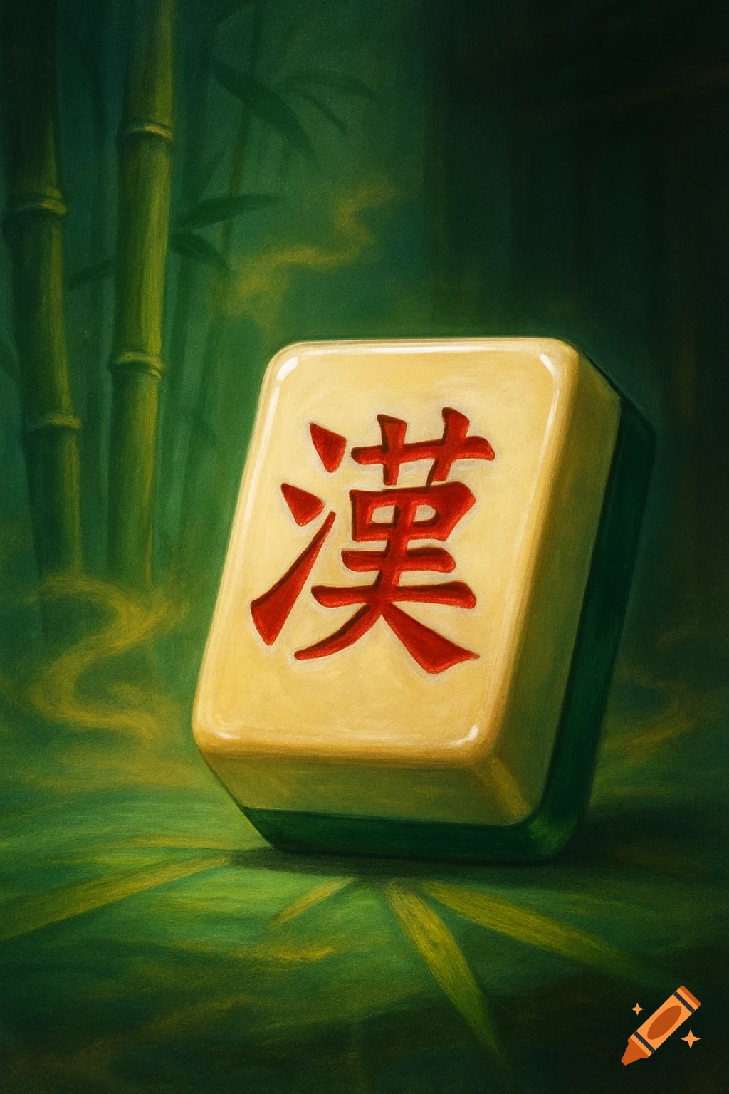 A Mahjong tile with a red Chinese character 'Han' on a cream surface, set against a blurred green bamboo background.