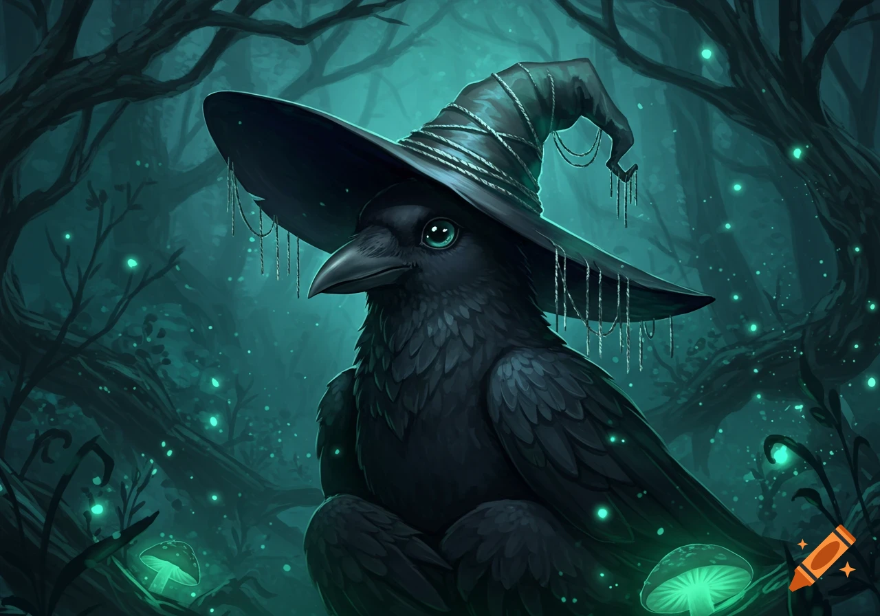Black crow with teal eyes wearing a pointed witch hat in a dark, glowing magical forest with luminous mushrooms.