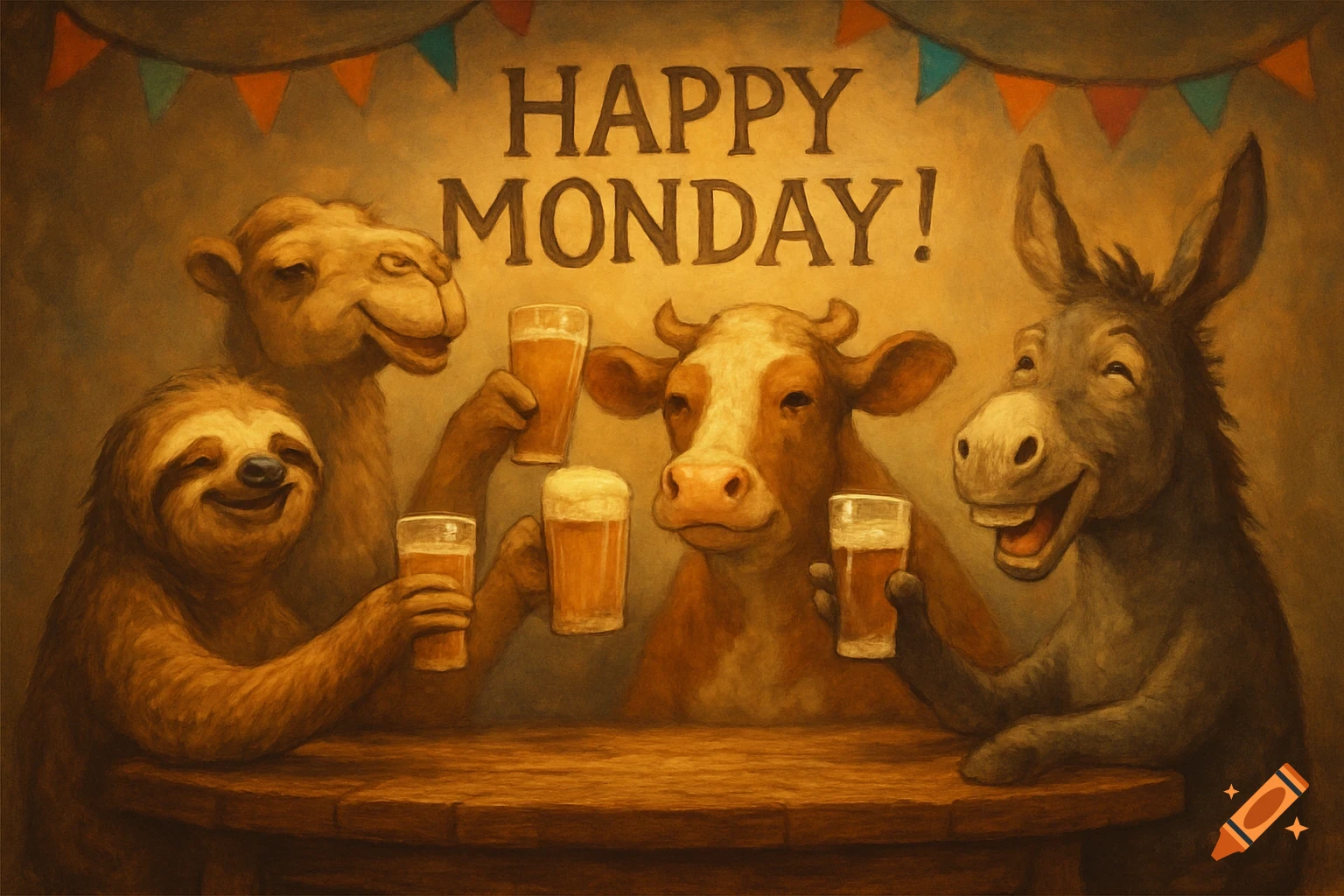 A painted illustration of a sloth, camel, cow, and donkey smiling and clinking beer glasses at a bar under a "HAPPY MONDAY!" sign.