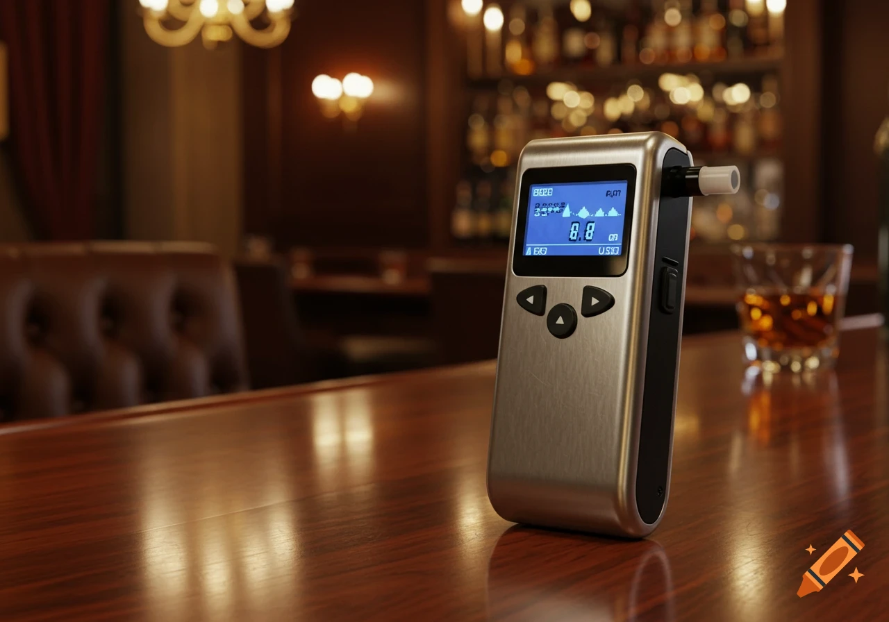 A photorealistic breathalyzer displaying a reading, resting on a polished wooden bar counter next to a glass of amber liquid.