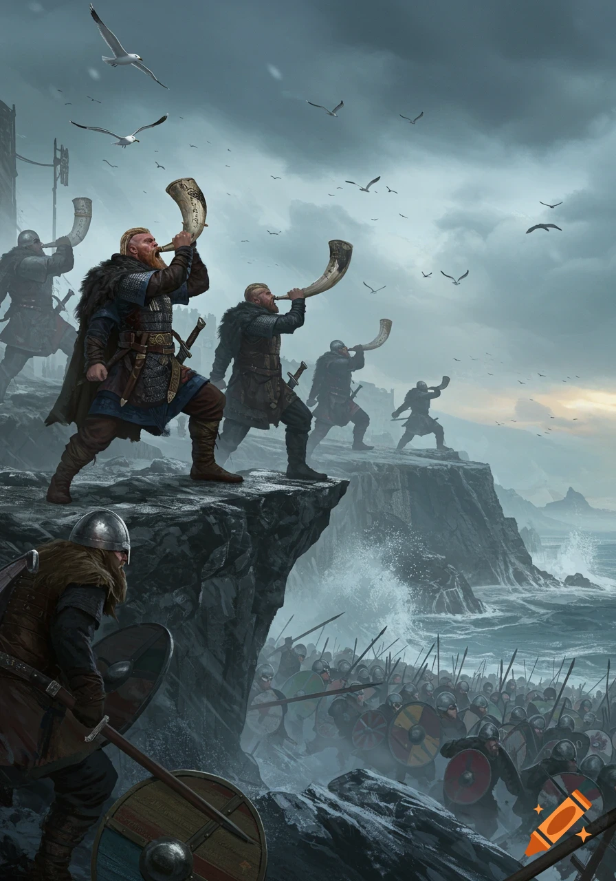 Several Viking warriors on a rugged cliff blow horns, signaling to a large Viking army gathered on the stormy beach below, with seagulls flying under a cloudy sky.