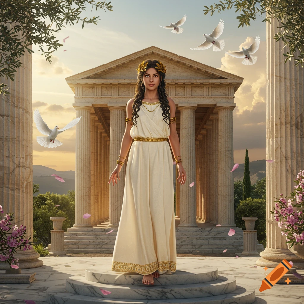 An ancient Greek goddess in a white gown and laurel wreath stands before a temple with doves and falling petals at sunset.