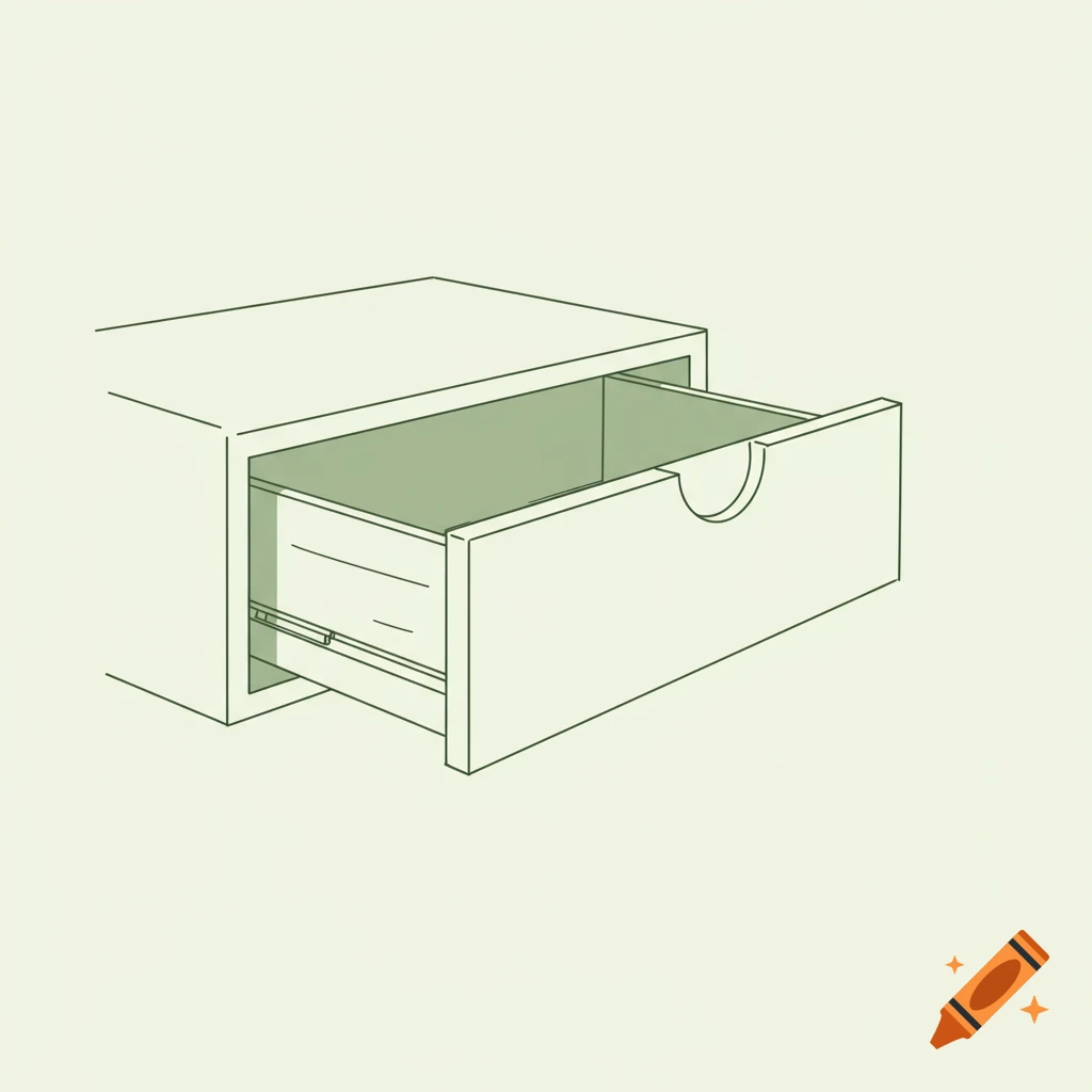 Line drawing of an open drawer in sage green with a cutout handle. on ...