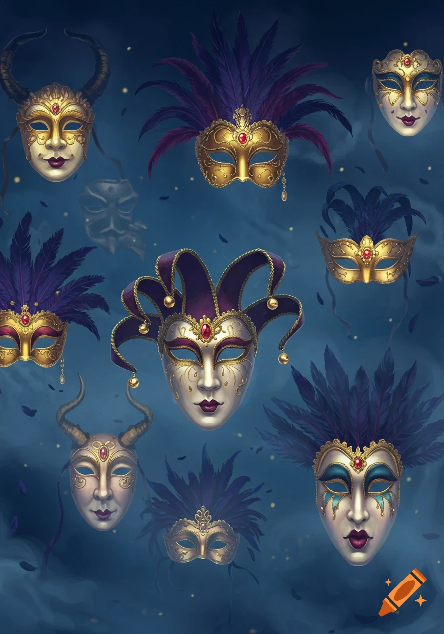 Ornate golden, white, and purple masquerade masks with feathers and jewels on a dark blue background.