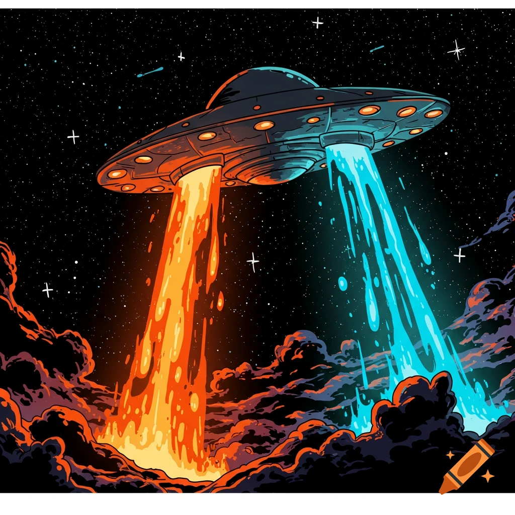 Cartoon style illustration of a UFO emitting orange and blue lights over dark clouds in a starry night sky.