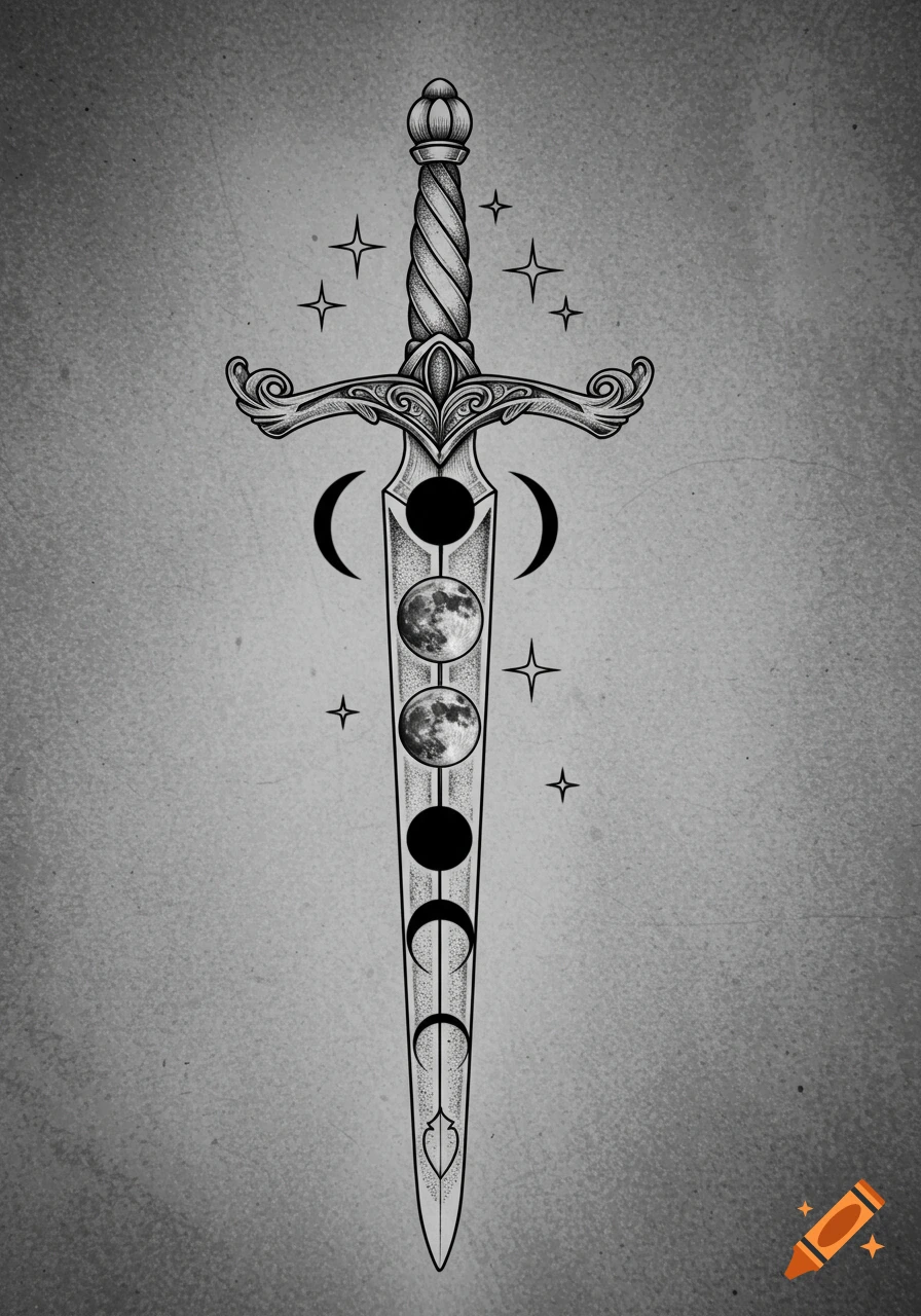 A black and white tattoo design of a sword with moon phases down the blade and stars around the hilt.