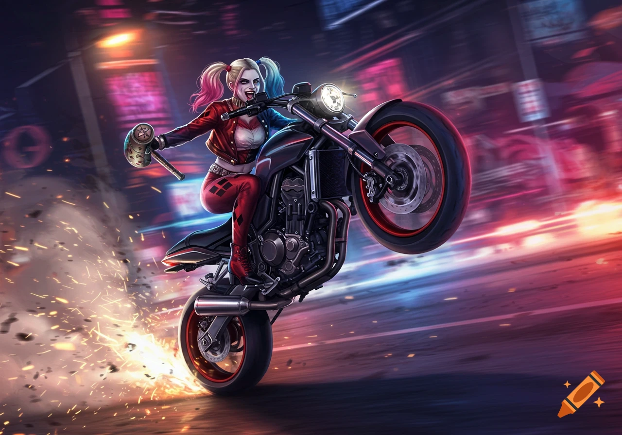 Harley Quinn on a black motorcycle does a wheelie, holding a hammer, with city lights and sparks in a dynamic digital art style.