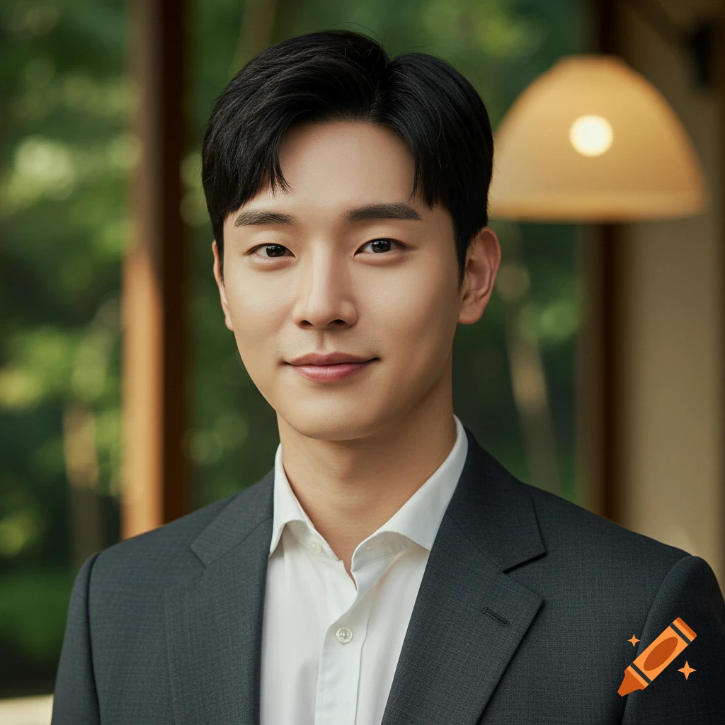 A photorealistic portrait of a smiling young East Asian man in a dark suit and white shirt, with a blurred natural background.