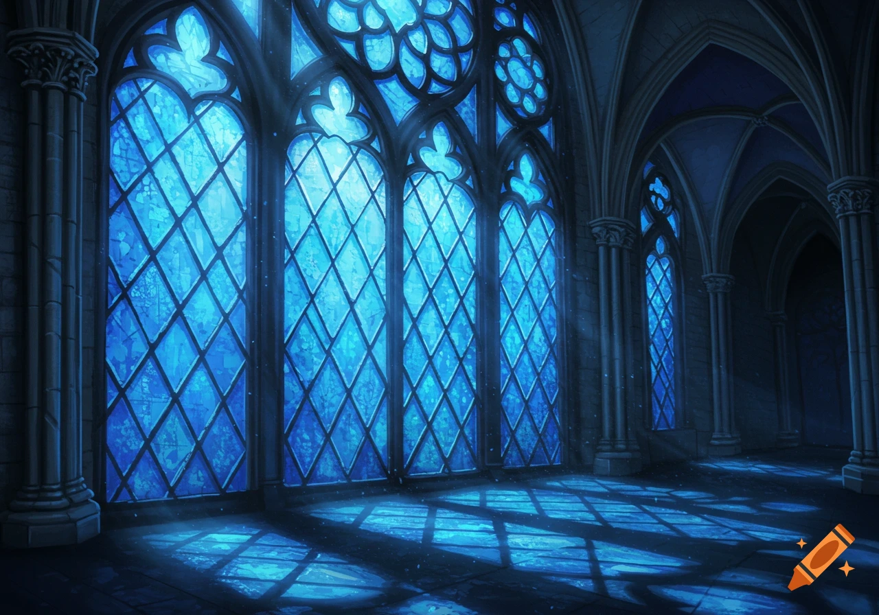 A grand gothic hall with towering blue stained glass windows casting intricate patterns of light and shadow across the stone floor.
