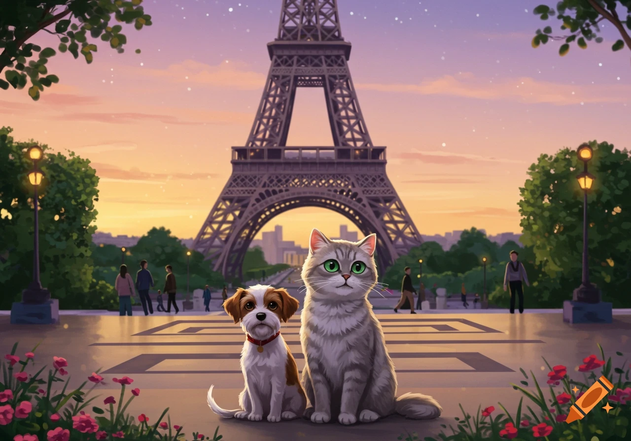 A cartoonish illustration of a fluffy grey cat and a small brown and white dog sitting in front of the Eiffel Tower at sunset.