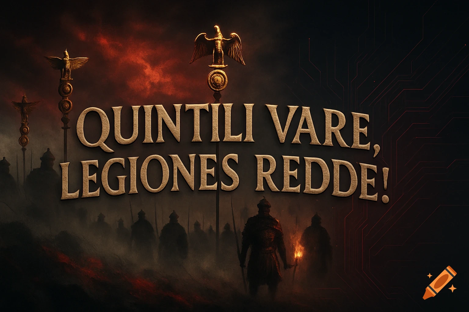 Golden text 'Quintili Vare, legiones redde!' above silhouetted Roman soldiers and standards, in a dark, moody setting.