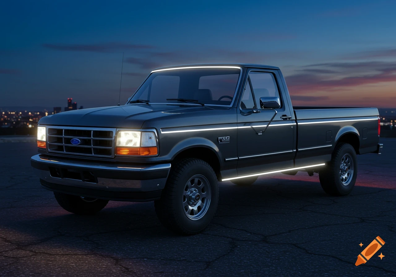 A dark gray 1992 Ford F-350 pickup truck with bright LED light strips outlining its body, parked at night with a city skyline.