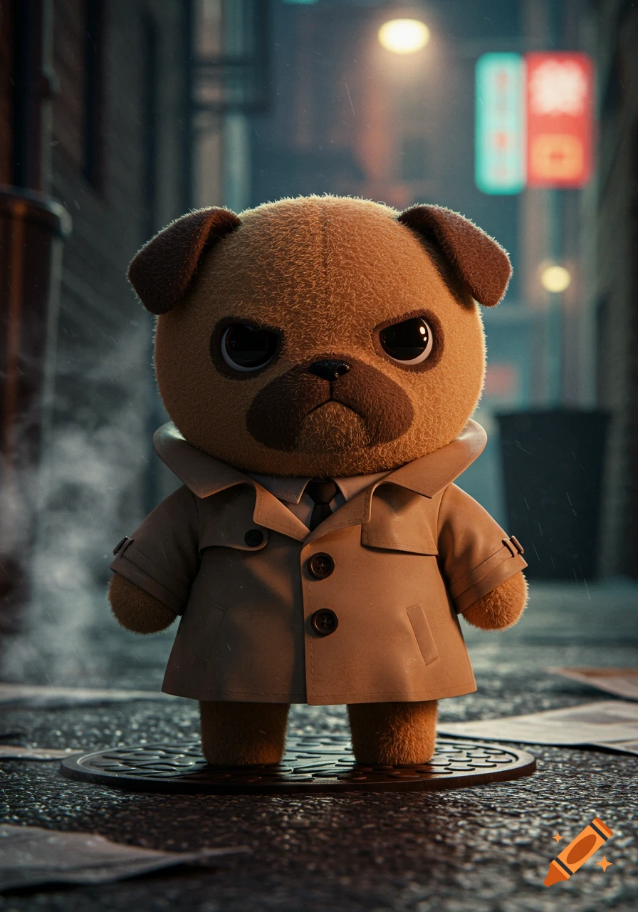 An angry-looking plush pug wearing a tan trench coat stands on a manhole cover in a rainy city alley at night.
