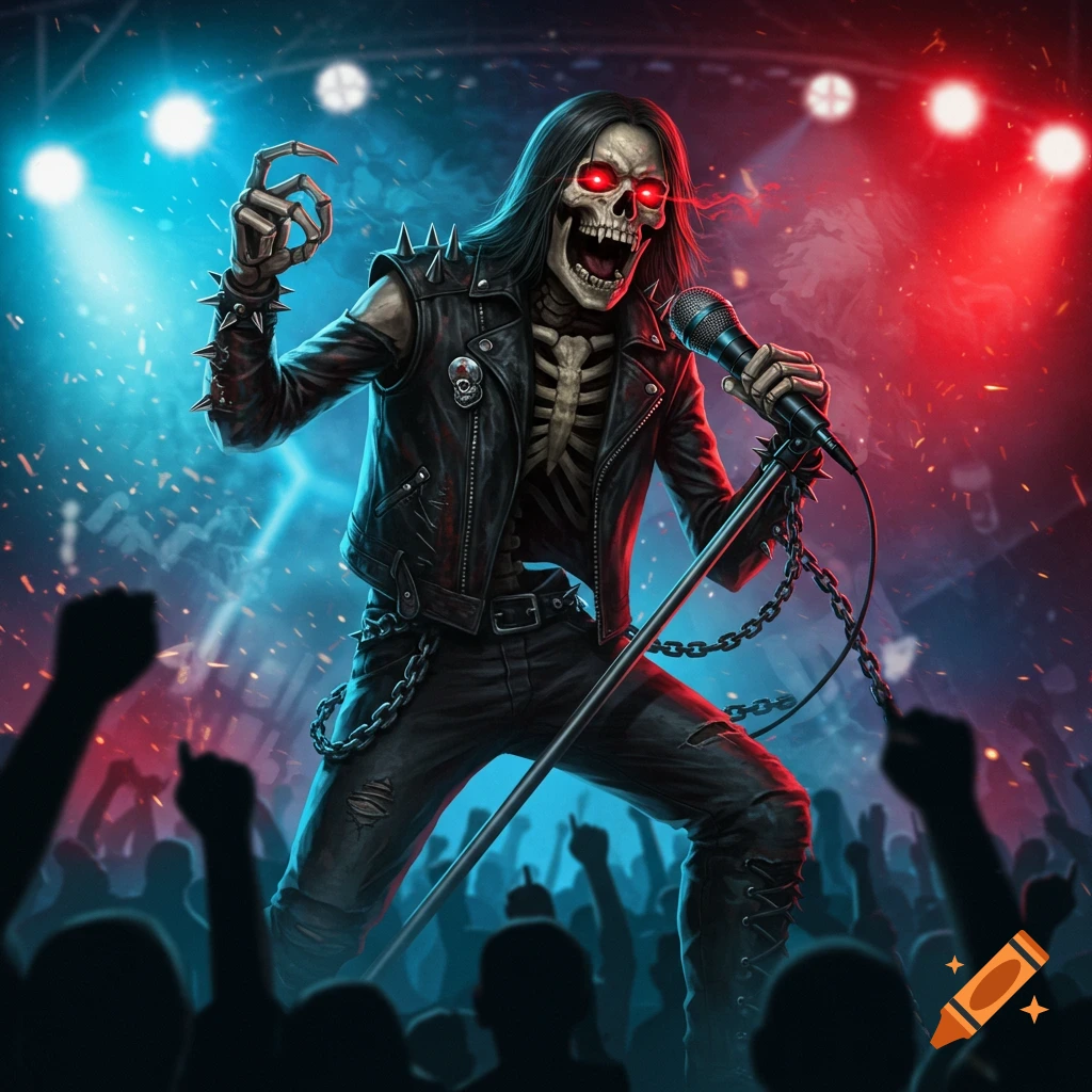 An illustrated heavy metal skeleton singer with glowing red eyes performs on stage under vibrant blue and red lights, holding a microphone.