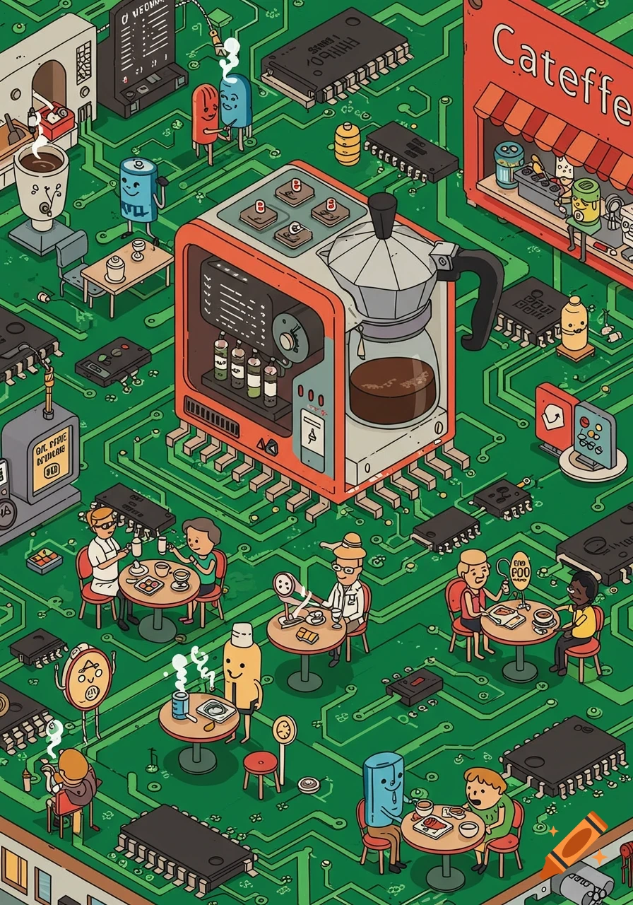 A cartoon isometric illustration of a cafe made of an electronic circuit board. Anthropomorphic batteries, resistors, and capacitors are customers and baristas. A large coffee pot serves as the power source, with a red "Cateffe" sign.