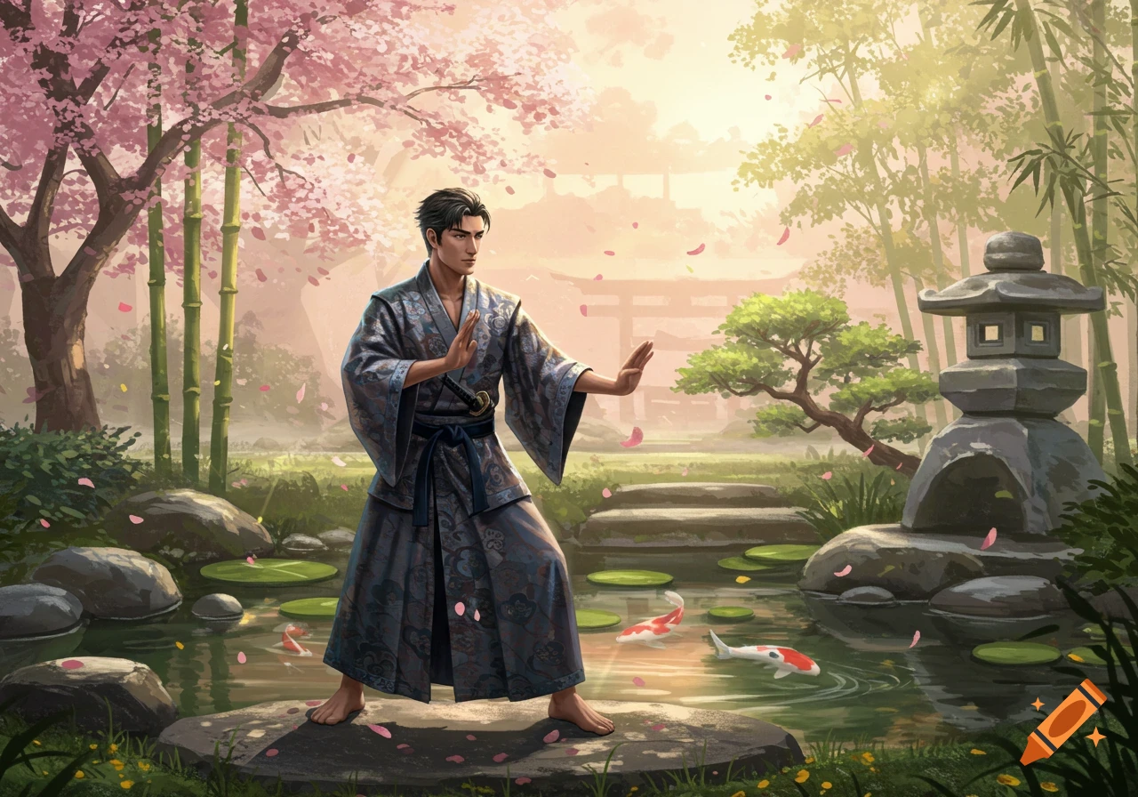 A man in a kimono performs a martial arts stance in a beautiful Japanese garden with cherry blossoms, a koi pond, bamboo, and a stone lantern.