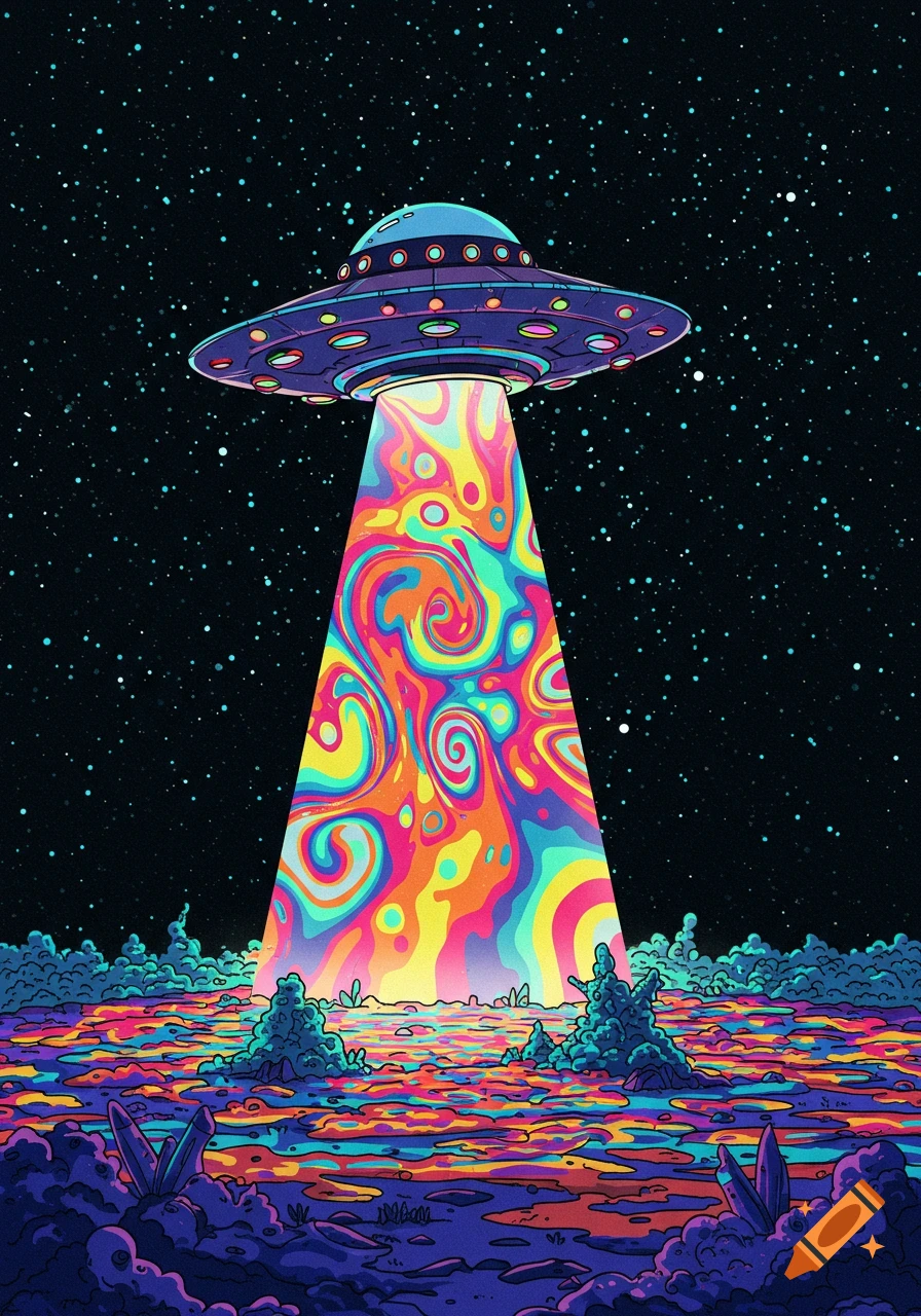 A vibrant psychedelic illustration of a UFO beaming a swirling colorful light down onto a fantastical, multicolored landscape under a starry black sky.