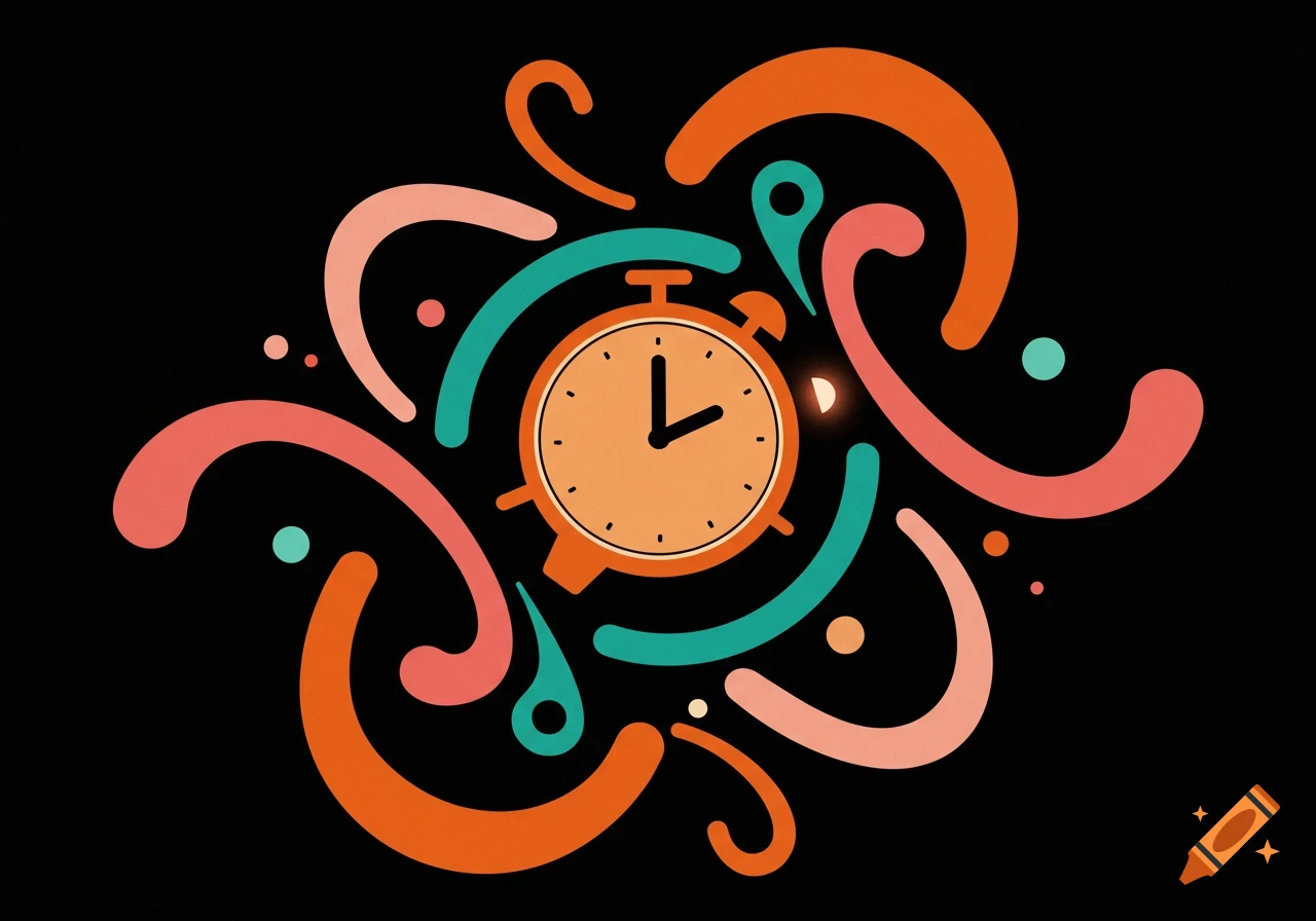 A retro orange alarm clock surrounded by swirling teal, pink, and orange abstract shapes on a black background.