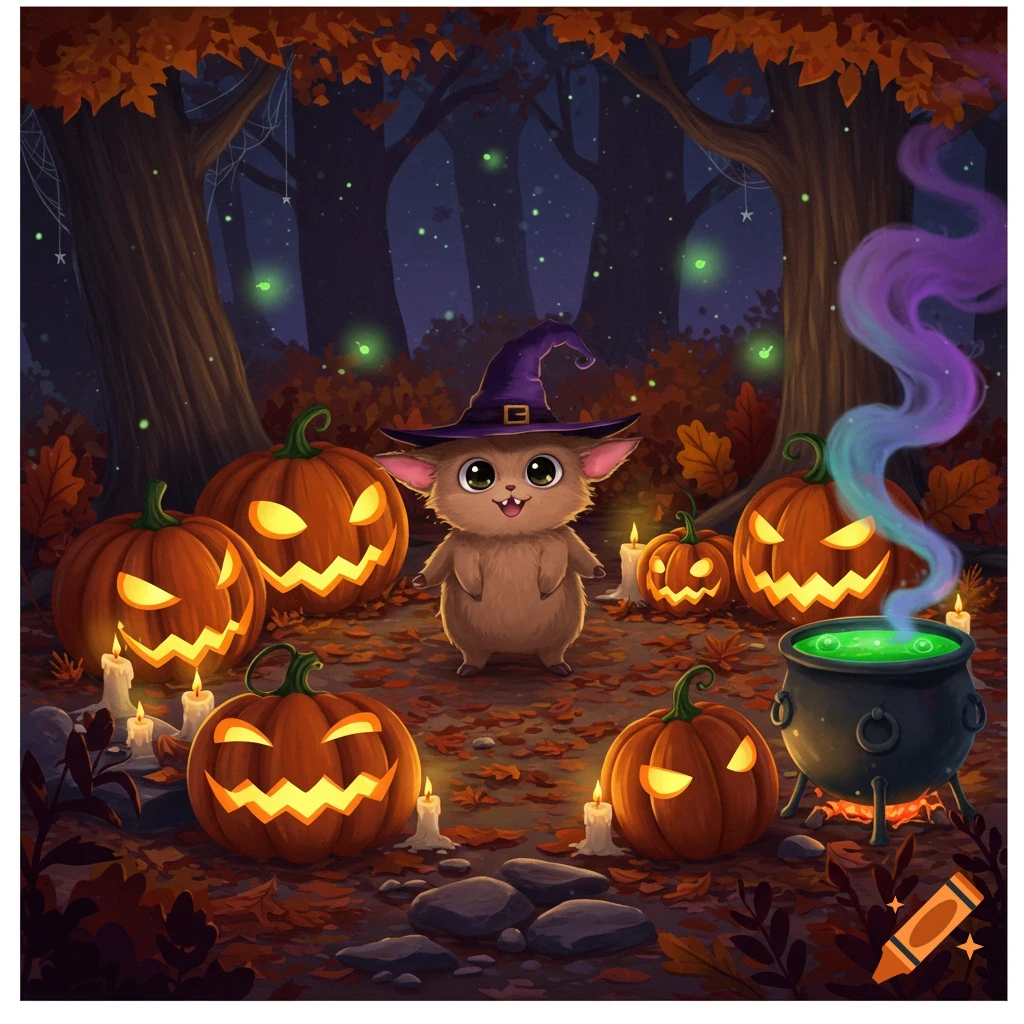 A cute creature in a witch hat stands among glowing jack-o'-lanterns and a smoking cauldron in a magical Halloween forest.