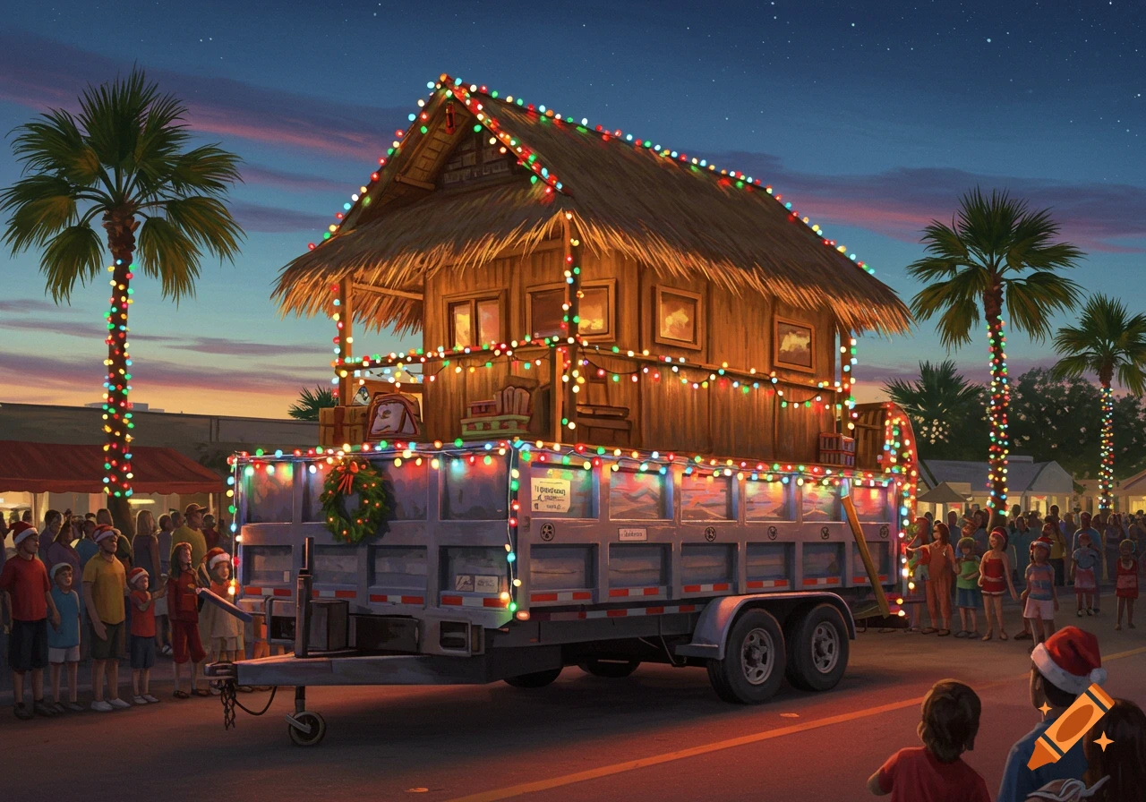 A festive Christmas parade float features a decorated tiki hut on a trailer, adorned with colorful lights, passing by crowds and palm trees at dusk.