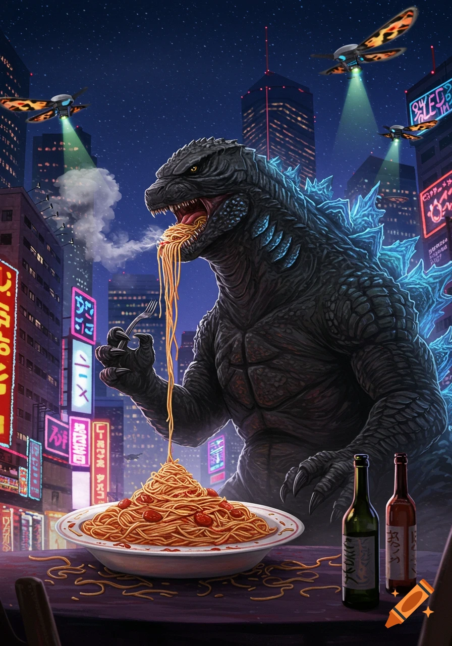 Godzilla sits at a table in a neon-lit city at night, devouring a large plate of spaghetti with a fork as flying creatures hover above.