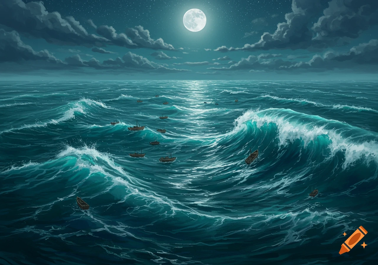 Illustration of a vast, moonlit ocean with numerous small boats navigating large waves under a cloudy night sky.