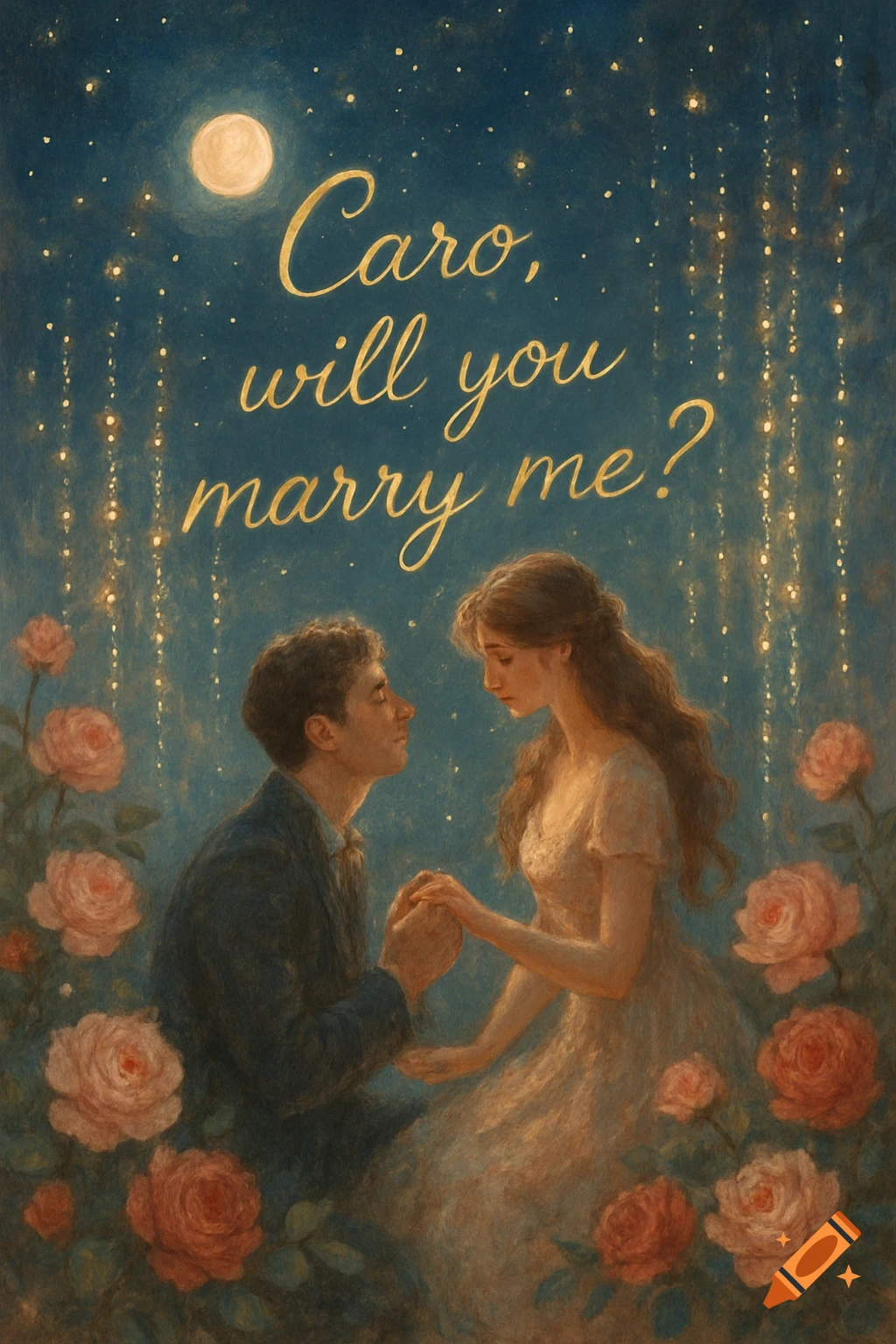 A man proposes to a woman on one knee in a moonlit rose garden with text 'Caro, will you marry me?'